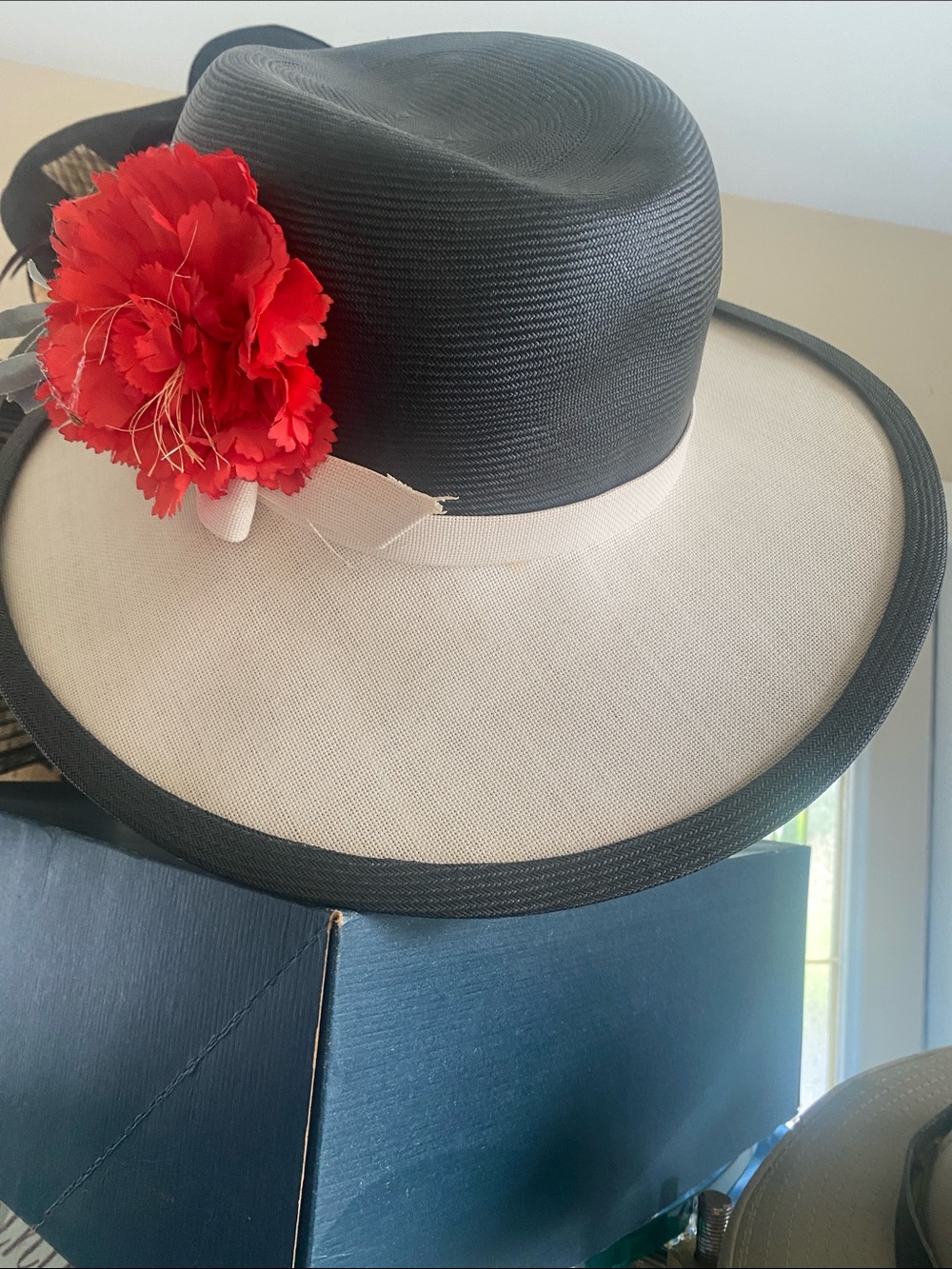 Vintage Two-Tone Wide Brim Hat with Red Floral Accent